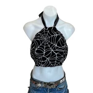 Spiderweb Black Halter Top Cropped One Size Goth Halloween Handcrafted NEW